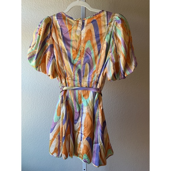 Rosevelvet Retro Psychedelic Swirl Puff Sleeve Mini Dress Orange Purple Small - Picture 6 of 9